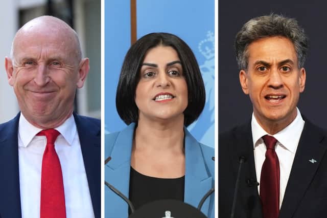 Senior members of Andy Burnham’s Cabinet, from left Chancellor John Healey, Home Secretary Shabana Mahmood and Foreign Secretary Ed Miliband (PA)