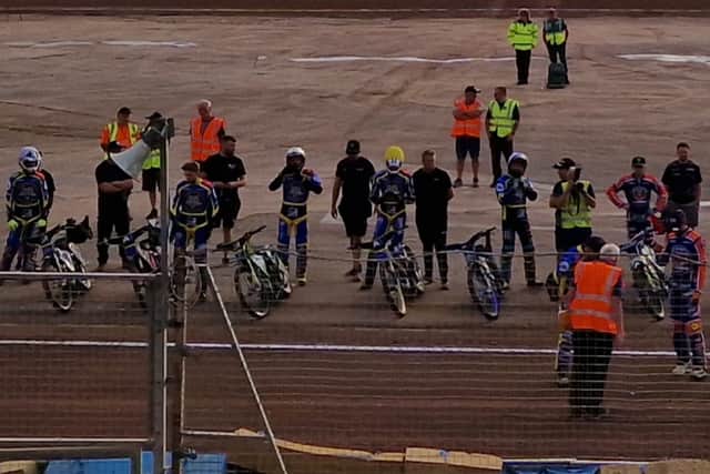 Sheffield Tigers speedway riders in the centre green before the meeting at Northampton. Photo: Iconic Media