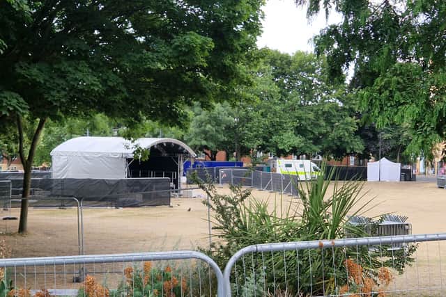 The stage is being put in place for the Tramlines fringe event on Devonshire Green. Photo: David Kessen, Iconic Media