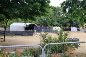 The stage is being put in place for the Tramlines fringe event on Devonshire Green. Photo: David Kessen, Iconic Media