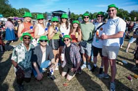 Festival goers show off their matching hats at Tramlines 2026, in Hillsborough Park, Sheffield. Photo: Errol Edwards