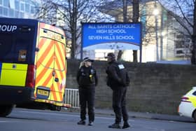 Police officers outside All Saints Catholic High School after the murder of Harvey Willgoose. (Photo: Danny Lawson/PA)