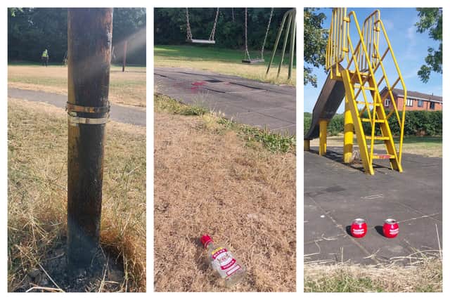 Police have described fires, and pictures show vodka bottles and cocktail tins in Baker Park, Killamarsh, near Sheffield. Photo: Derbyshire Constabulary