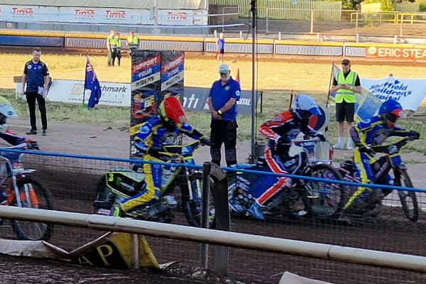 Niels-Kristian Iversen, Chris Holder, Matej Zagar and Leon Flint get away at the start of heat three, won 5-1 by Sheffield against Northampton, at Owlerton, in the Rowe Motor Oil Speedway Premiership. Photo: David Kessen, Iconic Media