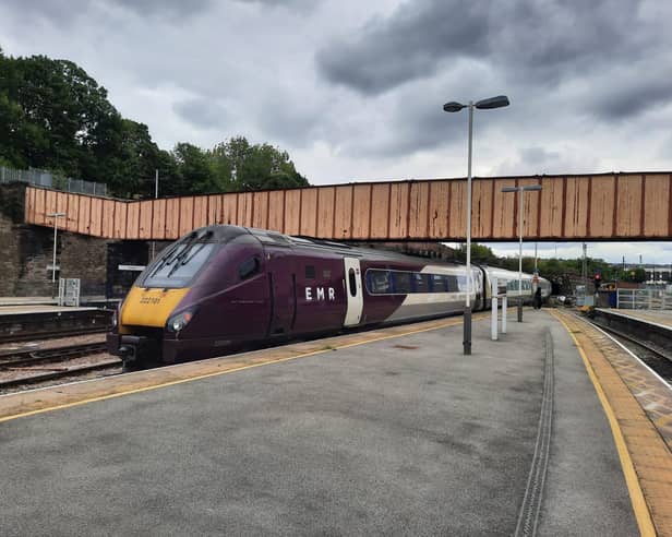 EMR train at Sheffield station - services to Liverpool are  being axed.