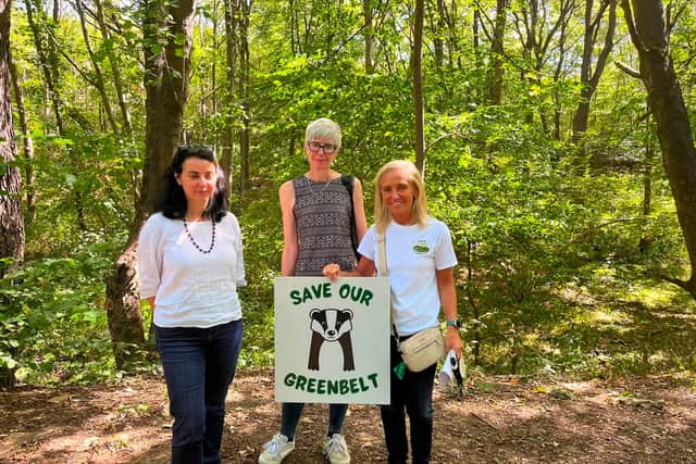 Sheffield City Council leader Fran Belbin, centre, and Green Party group leader Angela Argenzio, left, met campaigners and toured green belt sites.