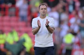 Birmingham City manager Chris Davies applauds the fans after the final whistle of the Sky Bet Championship match at Bramall Lane, Sheffield. Picture date: Saturday August 15, 2026. PA Photo.  Gary Oakley/PA Wire.
