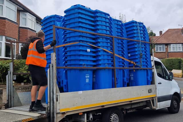 Hundreds of blue bins being delivered recently to Greystones, Sheffield