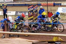 Max Fricke, Jason Doyle, Ben Cook and Anders Rowe get underway at the start of heat one in Sheffield's win over King's Lynn, which was later finished early because of rain. Photo: Iconic Media