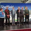 Robert Hanson, centre with white stick, at the declaration of the Firth Park ward result at the Sheffield City Council May 2026 elections.