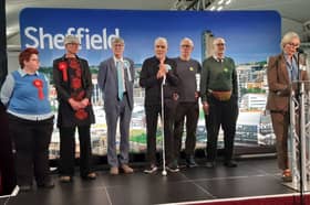 Robert Hanson, centre with white stick, at the declaration of the Firth Park ward result at the Sheffield City Council May 2026 elections.