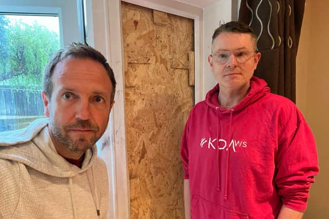 Dean Krause (right) saw his house on Myrtle Close in Sheffield broken into by a balaclava-clad gang, who through a rock through his patio door and made off with a number of watches and cash. Councillor Ben Miskell (left) has been supporting him