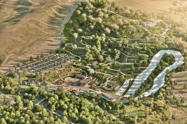 Skyline Enterprises released this artist's impression of an aerial view of their plan for the former Ski Village in Parkwood Springs, Sheffield. Visible is a car park, ski slope, and its signatured gravity-fed downhill karting track, dubbed the ‘Skyline Luge’.