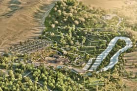 Skyline Enterprises released this artist's impression of an aerial view of their plan for the former Ski Village in Parkwood Springs, Sheffield. Visible is a car park, ski slope, and its signatured gravity-fed downhill karting track, dubbed the Skyline Luge.