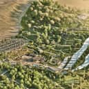 Skyline Enterprises released this artist's impression of an aerial view of their plan for the former Ski Village in Parkwood Springs, Sheffield. Visible is a car park, ski slope, and its signatured gravity-fed downhill karting track, dubbed the Skyline Luge.