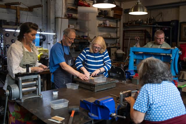 Friends of Meersbrook Hall visiting Quirky Metals in Heeley, Sheffield to help make pewter brooches and bookmarks. Picture: Gemma Thorpe, FOMH