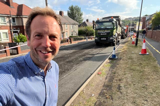 Coun Miskell on Myrtle Road during resurfacing