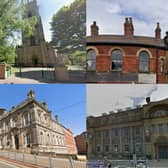 St George's Church (top left), Portland Works (top right), Harmony Works (bottom left), Old Head Post Office (bottom right).