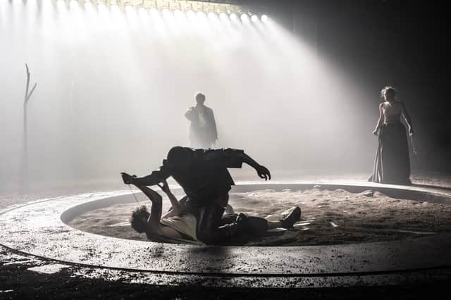 The malcontent and duplicitous Edmund (Fodo Simbo) battles Edgar (Harry Redding) in one of the many brutal fights depicted in King Lear