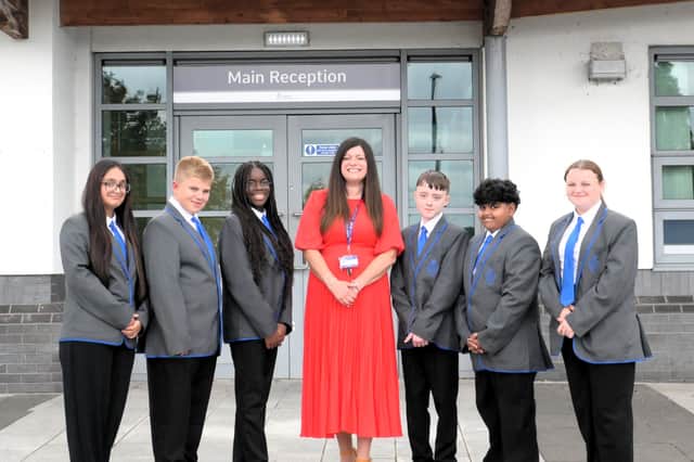 Pupils with Mercia Northridge headteacher Joanna Crewe.