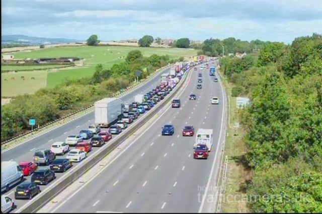 Traffic jams on the M1 northbound near Sheffield after a crash was reported by National Highways. Photo: National Highways /trafficcameras.uk