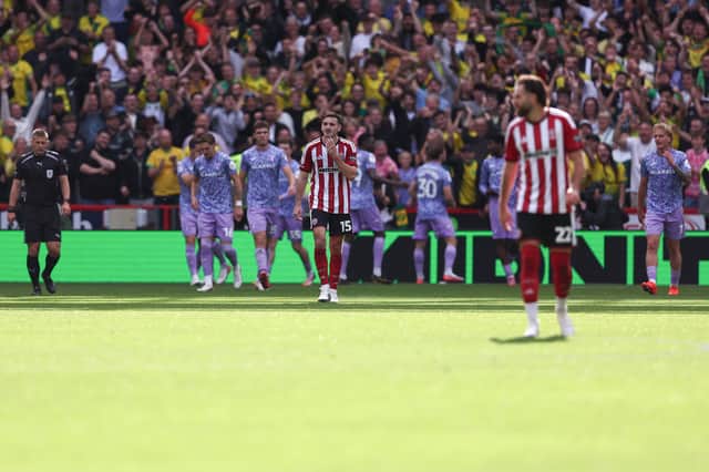 Liam Kitching of Sheffield United looks dejected after conceding their third goal against Norwich City at Bramall Lane, Sheffield. Jake Youle / Sportimage