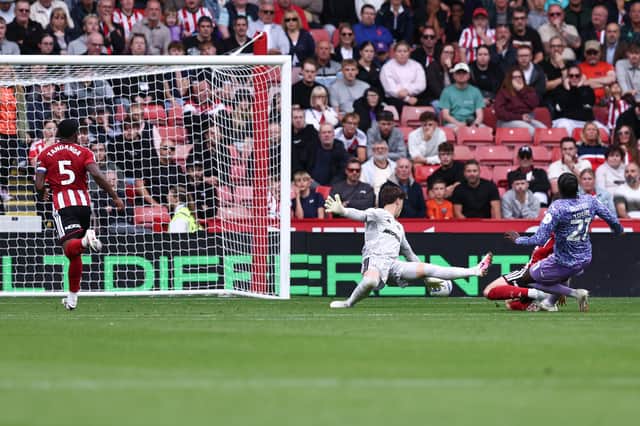 Sheffield, England, 5th September 2026. Mohamed Toure of Norwich City scores his sides second goal during the Sheffield United vs Norwich City Sky Bet Championship match at Bramall Lane, Sheffield. Jake Youle / Sportimage