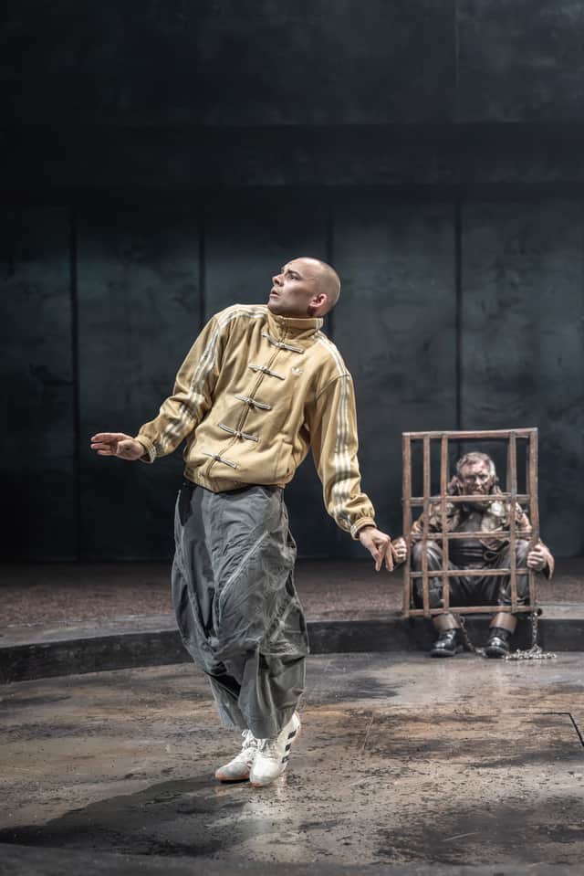 Max Revell (Fool) and Mark Holgate (Kent) in King Lear. Photo by Johan Persson.