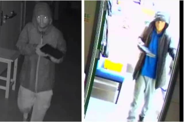 Pictures show the men South Yorkshire want to speak to who may have information over a break-in at Meadowhead School, near Norton. Photo: South Yorkshire Police
