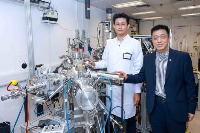 Prof. Jianhua Hao (right) and the research team fabricated ultra-thin heterostructure of 2D bismuth and indium selenide layers using pulsed laser deposition