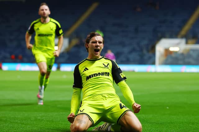 Sydie Peck of Sheffield United celebrates scoring the second goal during the Blackburn Rovers vs Sheffield United Sky Bet Championship match at Ewood Park, Blackburn. Simon Bellis / Sportimage