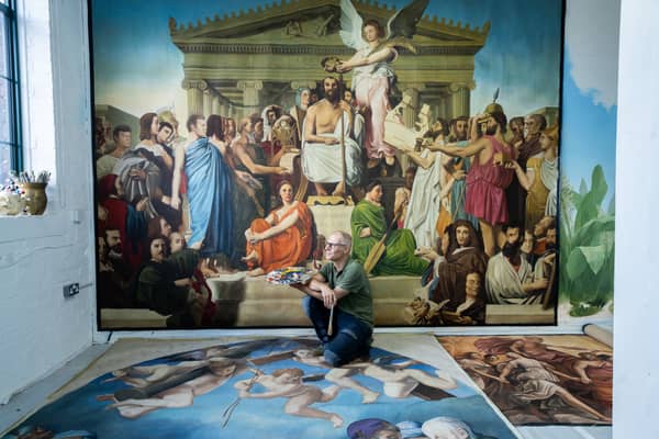Mural Artist Mel Holmes with his Painting "The Apotheosis of Homer" at his studio in Sheffield.