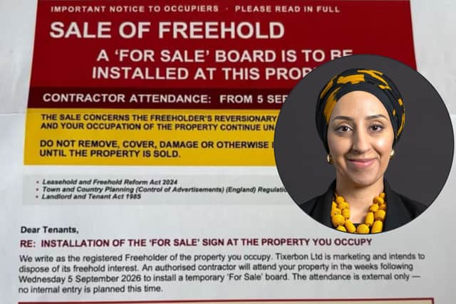 Abtisam Mohamed MP wants government to take action over 'sale of freehold' letters.