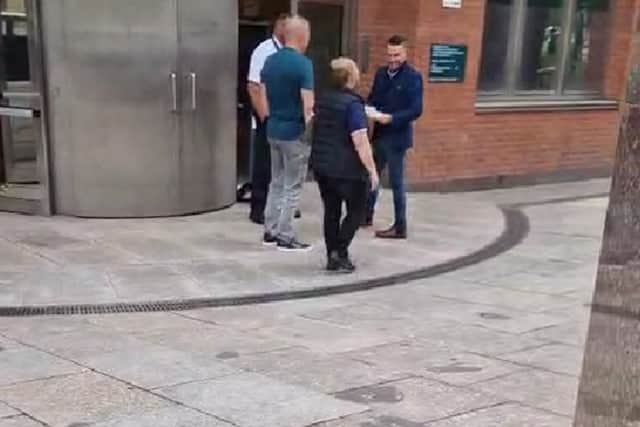 Jonathan Birks, right, outside Sheffield Crown Court 