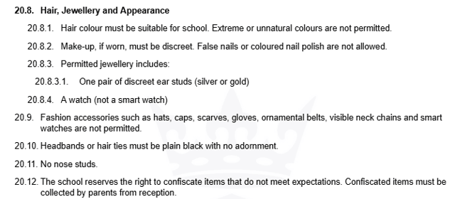 An extract from Mercia Northridge's behaviour policy, accessed on September 8, 2026. The policy does not permit "extreme or unnatural" hair colours, but nothing about hairstyles themselves.