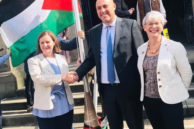 Julie Pearn with the Palestinian ambassador Dr Husam Zomlot and then-council leader Julie Dore when the council passed a historic vote to recognise the state of Palestine in September 2019.