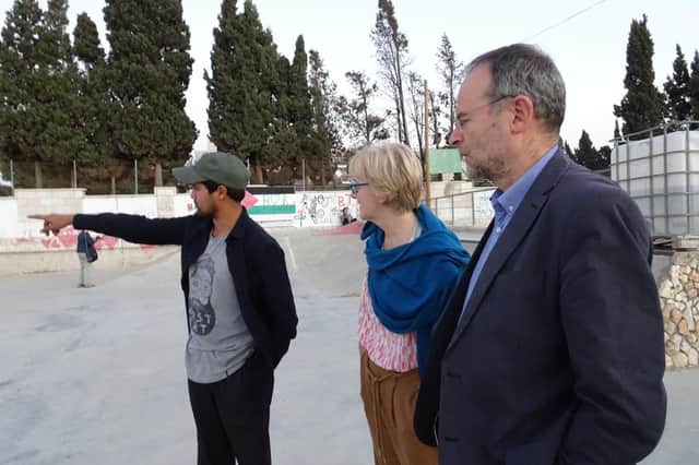 Paul Blomfield MP, Ms Pearn and Linda McAvan MEP at skatepark Asirya near Nablus which volunteers from Sheffield had helped to build.