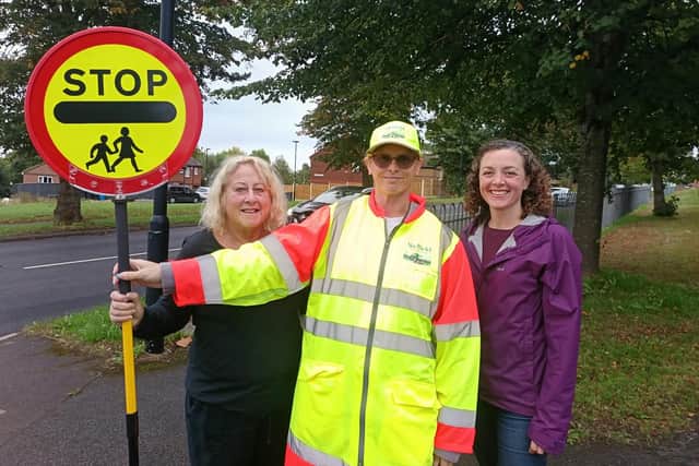 Sheffield Councils Laura Moynahan and Elle Dodd, with new crossing patrol, Hayley. Photo: Submitted
