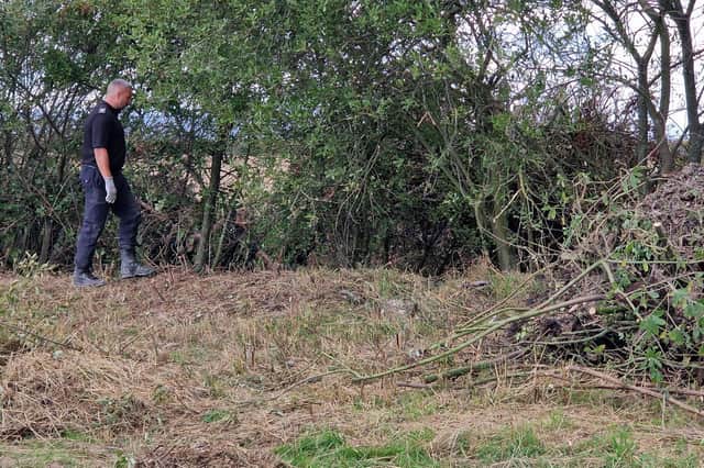 Officer and cut bushes at the dig site off Piper Lane, Aston.