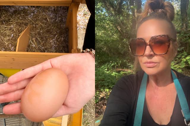 Helen Longmuir was shocked to find her hen had laid an “enormous” double egg.