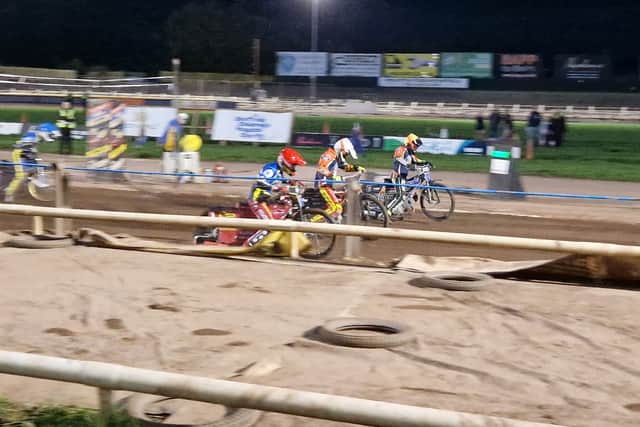 Max Fricke, Sam Masters and Jason Edwards leave Anders Rowe at the start of the re-run of heat one in Sheffield's win over Northampton in speedway's Rowe Motor Oil Premiership. Photo: David Kessen. Iconic Media