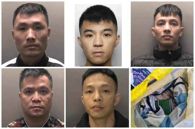 Clockwise from left - Sy Trai Ho; Van Huy Nguyen; Vinh Van Nguyen; a bundle of cash and passports; Quang Van Nguyen; and Lia Chen Trong.