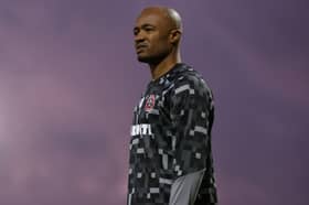 Jordan Ayew of Sheffield United warms up before the Carabao Cup Third Round match between Fleetwood Town and Sheffield United at Highbury Stadium on September 16, 2026 in Fleetwood, England.