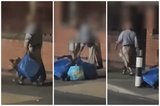 A brazen video shows a man blatantly flytipping several large bags on Firth Park Road in Pahe Hall, Sheffield, before walking off without a second thought.