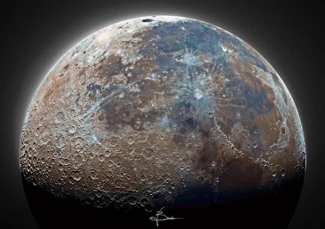 Sheffield physics and astrophysics student Nayyar Badu took this image of the mood, titled 'Hidden Elements.' By combining techniques, he was able to show the moon's 'true colours' as if it were seen up close, including the way chemical elements led hues of blue and red to the surface of Earth's nearest celestial body - one that commonly only appears monochrome from the surface of our planet.