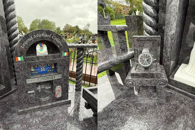 A giant, linked watch sculpture, sitting atop a chair is positioned next to one of the scultpures of Michael, with the other depicting him sitting peacefully on a marble bench. Also included is a marble jukebox bearing the words “Legend Michael Collins” - alongside two Irish flags and a CD in a case, featuring a photograph of Michael at its centre