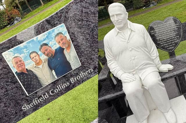 The marble bench, on which one of the sculptures of Michael is positioned, features a picture of the four Collins brothers who have passed away, above the caption “Sheffield Collins Brothers”