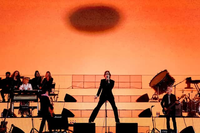 Jarvis Cocker of Pulp performing on stage at Finsbury Park in London. (Victoria Jones/PA)