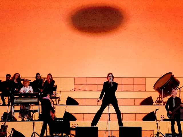 Jarvis Cocker of Pulp performing on stage at Finsbury Park in London. (Victoria Jones/PA)
