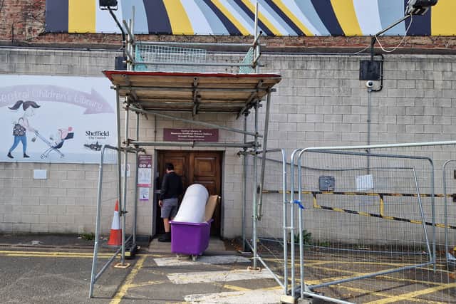 Protections over a Sheffield Central Library entrance on Arundel Gate